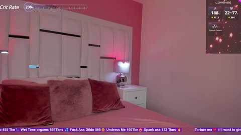Media: A video of a cozy bedroom with a pink wall, white cabinets, a bed with pink and purple pillows, a bedside lamp, and a digital clock displaying \"Loving You\" on the wall.