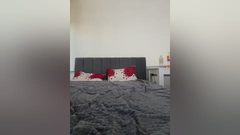 Media: A video of a minimalist bedroom with a dark gray, tufted headboard, two red and white patterned pillows, and a gray, textured blanket on a white bed. The room has a white wall and a small white nightstand with a lamp.