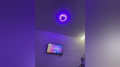 Media: A video of a modern room with a purple LED ceiling light and a colorful TV mounted on a white brick wall, featuring a blurred image.