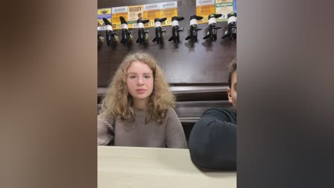 Media: Video of a young woman with curly blonde hair and fair skin, wearing a gray sweater, sitting at a wooden table in a room with a wall of toy figures and shelves.