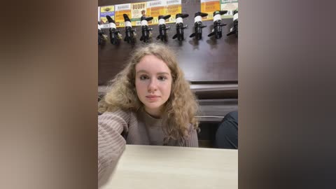 Media: Video of a young woman with curly blonde hair, wearing a beige sweater, sitting at a wooden table in a bowling alley. Behind her, a row of bowling shoes hangs on hooks.
