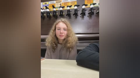 Media: Video of a young woman with curly blonde hair, wearing a gray t-shirt, seated at a bar. Behind her, a row of beer taps and a wall of beer boxes in the background.