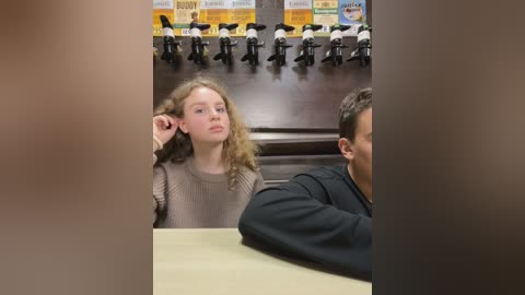 Media: Video of a young girl with curly hair in a beige sweater, sitting at a table in a dimly lit, empty classroom with rows of empty chairs.