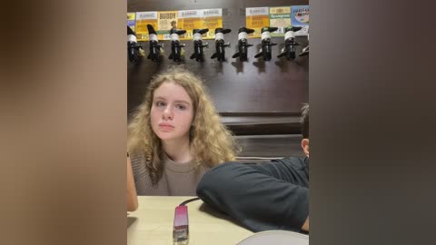 Media: Video of a young woman with curly blonde hair, wearing a light sweater, seated at a table in a dimly-lit room. Behind her, a row of black microphones and yellow banners is visible.
