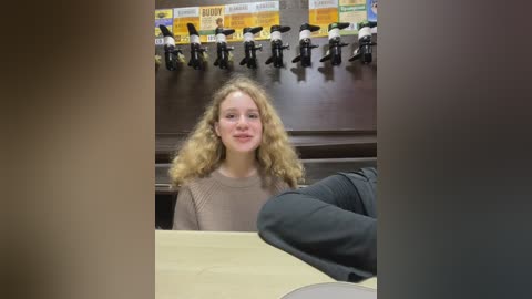 Media: Video of a young woman with curly blonde hair, wearing a beige sweater, sitting at a beige counter. Behind her, a row of black and white milkshake dispensers hangs on a dark wall.