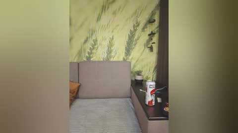 Media: A video of a minimalist bedroom with a single bed against a green, wheat field mural. The bed has a light grey mattress and a brown pillow. The room has a neutral color palette with a dark wooden nightstand holding a white coffee can and a small plant.