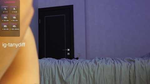 Media: Video of a dimly lit bedroom with a black door, partially covered by a white blanket, and a digital thermometer displaying 32.8\u00b0C on the left.