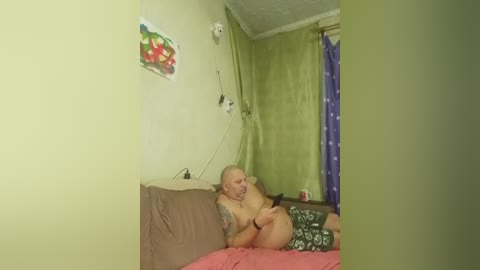 A video shows a nude, bald man and a woman in a green bedroom, embracing on a bed.