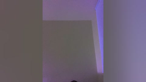 Video of a dimly lit room with a beige wall and a shadowy corner, illuminated by a soft purple light from the right, creating a subtle, eerie ambiance.