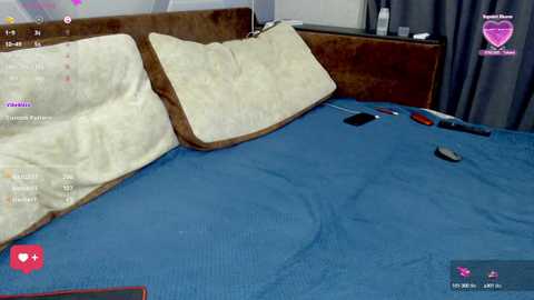 Media: Video of a messy bedroom with a blue blanket, two large beige pillows, a wooden headboard, and scattered electronics on the floor.