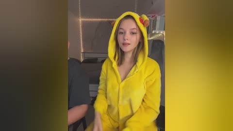 Media: A video of a young woman in a yellow, hooded, fluffy duck costume, sitting indoors with dim lighting and a gray background.