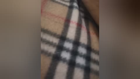 Video of a close-up of a person's torso wearing a plaid shirt with a checkered pattern in black, white, and red, blurred due to motion. The background is indistinct.