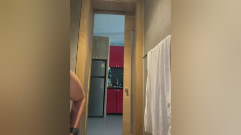 Media: Video of a narrow hallway leading to a modern kitchen with red cabinets and a stainless steel fridge. A white towel hangs on a wooden door to the right, and a person's bare buttocks are visible on the left.