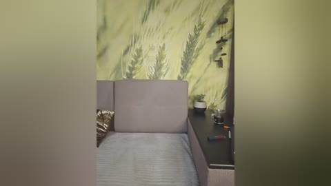 Media: Video of a minimalist bedroom with a beige bed, green wallpaper depicting wheat fields, a dark wooden nightstand with a potted plant and a few items, and a frosted glass door partially visible.