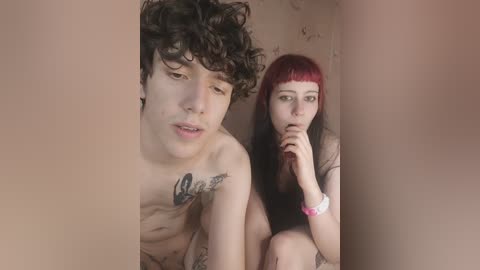 Media: Video of two young people, a shirtless, tattooed man with curly hair and a woman with red hair and bangs, both with pale skin, in a dimly lit, plain room.