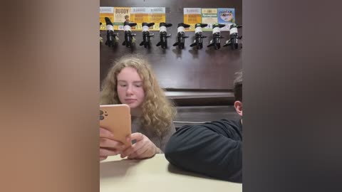 Media: A video shows a young woman with long curly blonde hair, wearing a black sweater, intently using her iPhone in a classroom with a wall of colorful posters and rows of empty chairs.