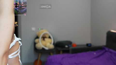 Media: A video of a bedroom featuring a gray wall with a stuffed teddy bear, a purple bed, and a blurred figure in white lace lingerie.