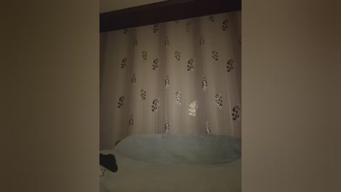 Media: A video showing a dimly lit, beige-colored curtain with floral patterns, partially covering a bed with white sheets. The room is softly lit, giving a warm, intimate ambiance.