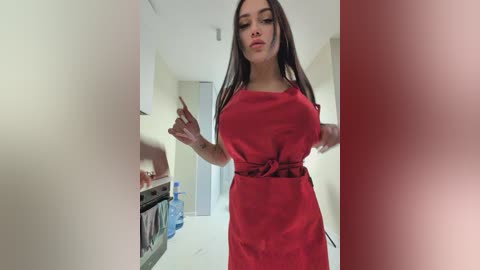 Media: Video of a young woman with long, dark hair in a red, sleeveless dress, posing in a modern kitchen with white walls, stainless steel appliances, and a blue water dispenser.