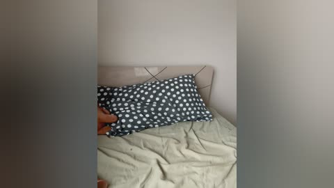 Media: A video shows a beige headboard with diamond-patterned upholstery, a bed with a light green sheet, and two pillows\u2014one black with white polka dots, the other black. The room's plain white walls and no visible decorations.