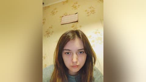 Media: Video of a young Caucasian girl with long, straight brown hair, wearing a light blue sweater, against a yellow floral wallpaper backdrop with a pink rectangular sign above her.