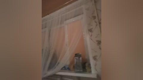Video of a room with beige walls and a window covered by sheer white curtains. A peach-colored cloth hangs from the top, partially obscuring the view. The window sill is cluttered with small objects, including a candle and a green plant.