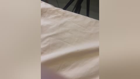 Media: Video of a bed with beige sheets, slightly wrinkled, and a black metal bed frame visible in the background. The image is cropped and focused on the sheets, with a muted, neutral color palette.