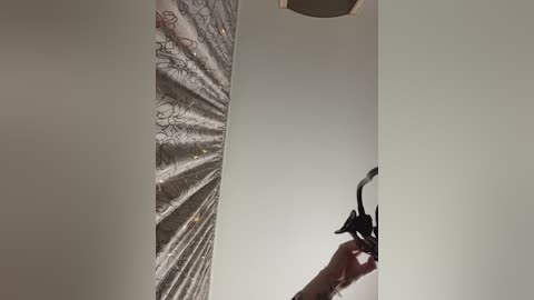 Media: Video of a person's hand holding a silver, decorative umbrella, partially visible against a plain white wall, with a ceiling light fixture above.