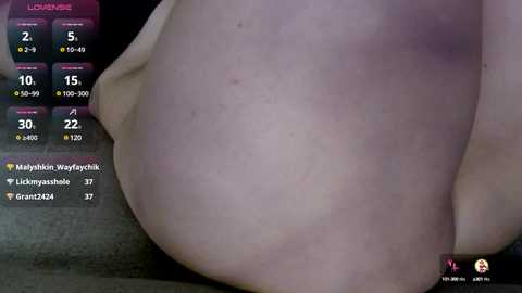 Video of a pale, bare buttock with faint tan lines, surrounded by a digital interface with user names, levels, and health bars.