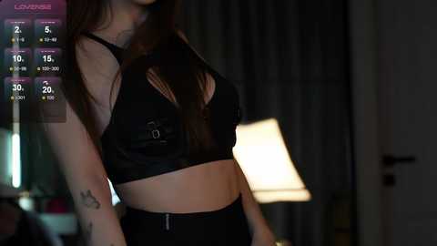 Media: Video of a young woman with fair skin, wearing a black halter top and high-waisted black pants, standing in a dimly lit room with a lamp and curtains.