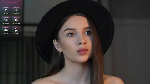 Media: A video of a young woman with long, straight brown hair and fair skin, wearing a black wide-brimmed hat and a black top, standing in an indoor setting.