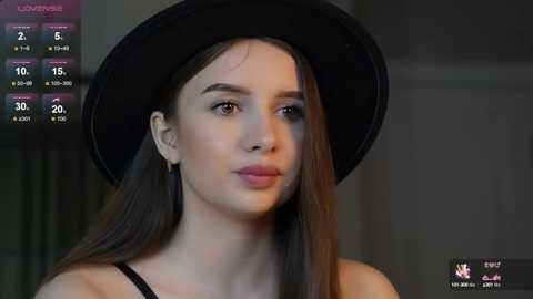 Media: Video of a young woman with fair skin, brown hair, and a black hat, smiling subtly. Background is blurred, showing a live stream with viewers.