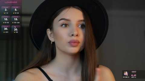 Media: A video of a young woman with fair skin, long brown hair, and a black hat, wearing a black tank top. The background is blurred, showing a video game interface with stats.