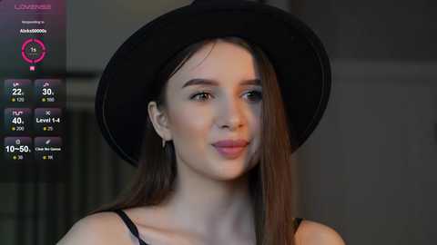 Media: Video of a young woman with fair skin, straight brown hair, wearing a black hat and black top, standing indoors with a blurred background.