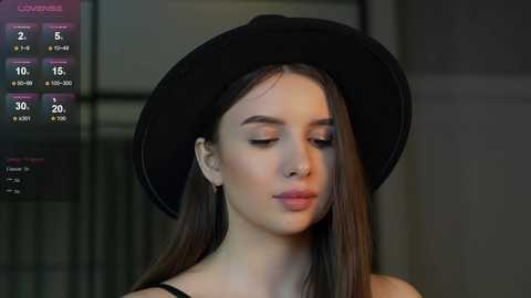 Media: Video of a young woman with straight brown hair, wearing a black hat and a black top, standing indoors with a blurred background. A digital weather app shows 15\u00b0C and 30% humidity.