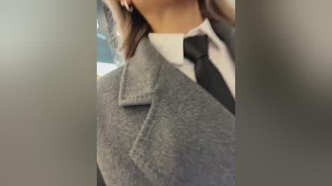 Media: Video of a person's upper torso wearing a gray tweed blazer, white shirt, and black tie, with blurred background.