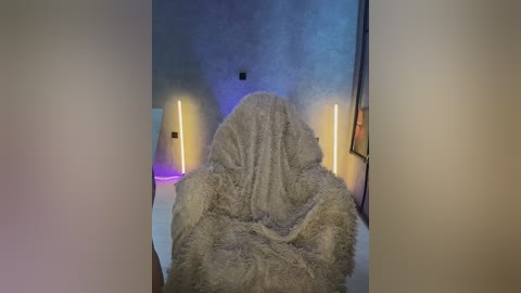 Video of a person sitting in a fluffy, light gray, shaggy rug, partially obscured by the texture. The background features a modern, minimalist room with blue and purple lighting, two tall, slender floor lamps, and a textured wall.