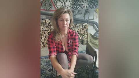 Media: A video of a middle-aged, fair-skinned woman with shoulder-length, wavy blonde hair, wearing a red plaid shirt, black leggings, and sitting on a bed with a patterned quilt. The background features a wall with stacked firewood and decorative wheels.