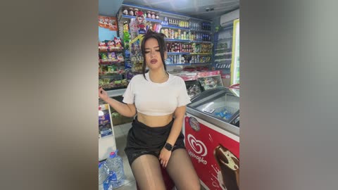 Media: Video of an Asian woman with medium build, wearing a white crop top and black shorts, sitting in a convenience store. Background shows shelves filled with various products and a freezer.