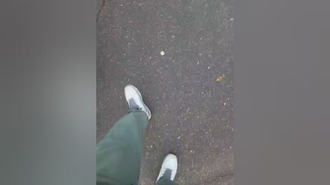 Video of a person wearing green pants and grey sneakers standing on a cracked, dark asphalt road. The background is blurry.