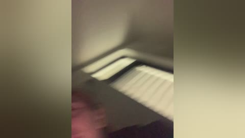 Media: A blurry video of a person's hand reaching into a dark, narrow gap between two beige walls, with indistinct features and shadows obscuring details.