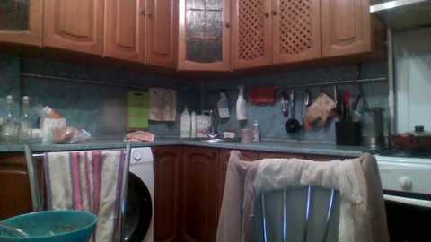 Video of a small, cluttered kitchen with wooden cabinets, a washing machine, hanging towels, a basket, and utensils on the countertop.