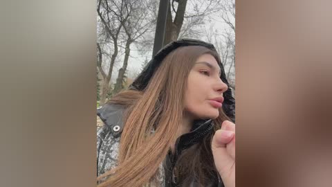 Media: Video of a young woman with long, straight brown hair, wearing a black hoodie, looking contemplative in a winter forest with bare trees and snow on the ground.