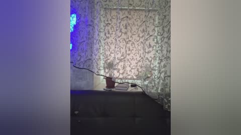 A video of a dimly lit bedroom with a patterned, white curtain partially covering a window. A black desk with a laptop, potted plant, and lamp are visible. Blue LED lights add a soft glow to the room.