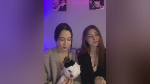 Media: A video of two young women with light skin, dark hair, and small breasts, sitting close together, holding a white cat plush toy. They are in a dimly lit room with purple and blue lighting, and a wall with framed pictures.