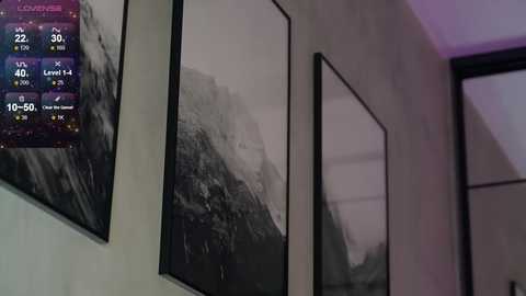 Media: Video of a dimly lit room featuring three framed black-and-white landscape videos on a light-colored wall. An overlay with a purple and white user interface showing temperature and weather details is visible.