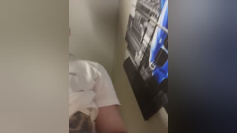 Media: A blurry video of a person with a white t-shirt, partially obscured by a wall, standing next to a wall-mounted poster of a black and white cityscape.