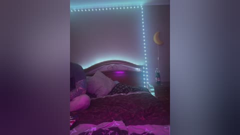 Media: Video of a dimly lit bedroom with a plush, dark bed, a decorative crescent moon, and glowing blue LED lights on the wall, creating a cozy, dreamy atmosphere.
