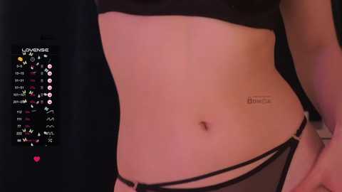 Video of a woman's lower abdomen, wearing black lingerie. A tattoo with the word \"DREAMS\" is visible on her right hip. Background features a calendar with highlighted dates.