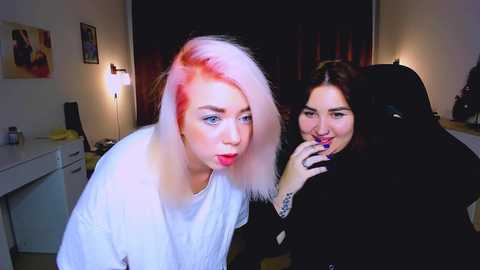 Video of two young women in a dimly lit room. One with pink-dyed hair and a white sweater, the other in a black veil.